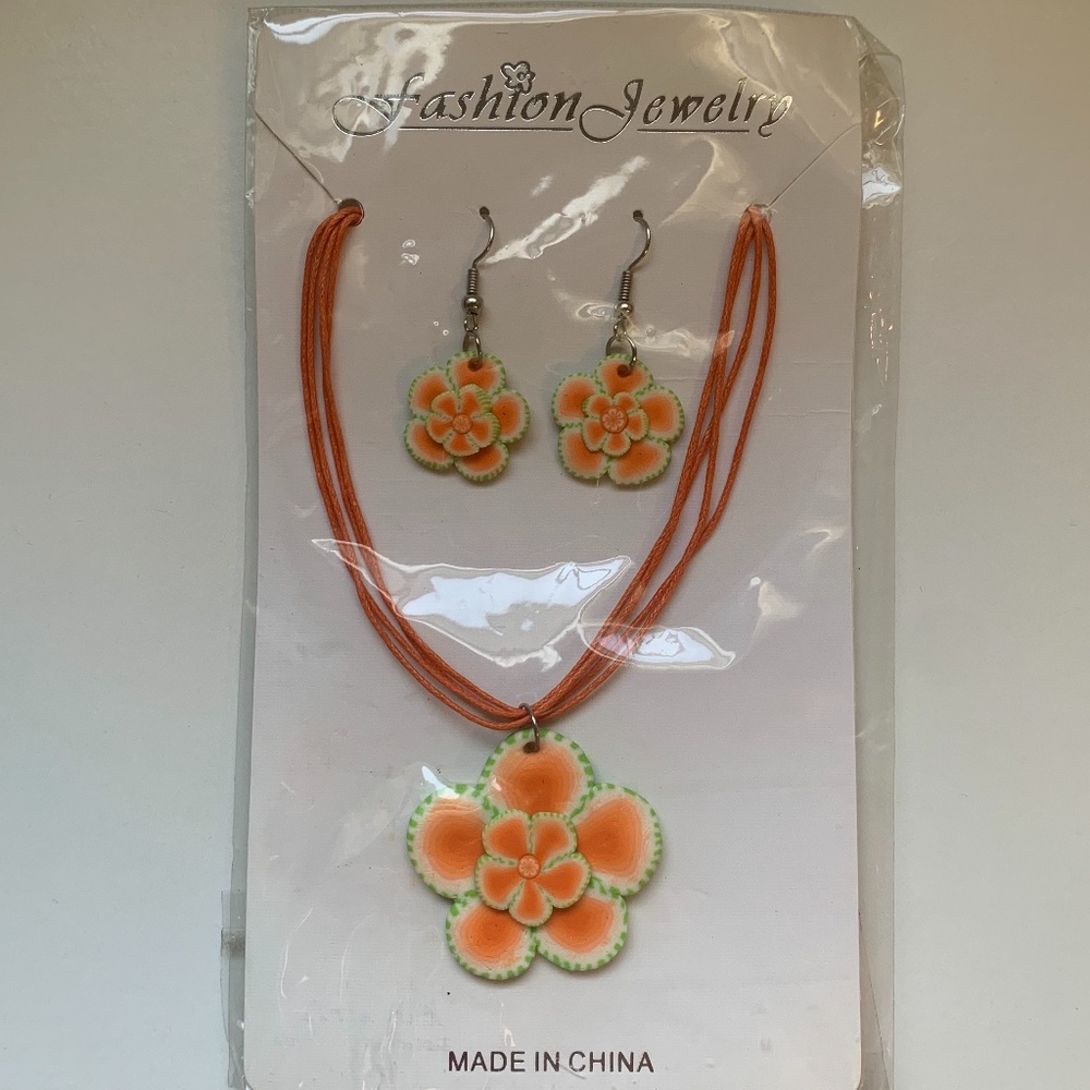 Orange and Green Floral Necklace and Earring Set